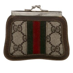 Gucci Brown Logo Canvas Coin Purse with Red and Green Stripe